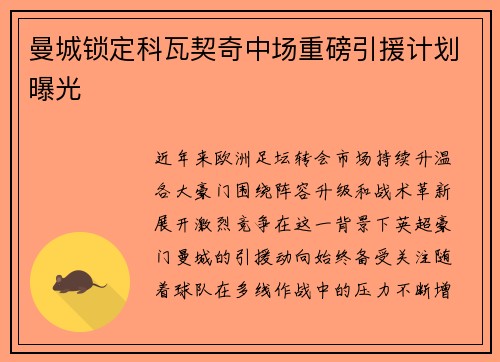 曼城锁定科瓦契奇中场重磅引援计划曝光